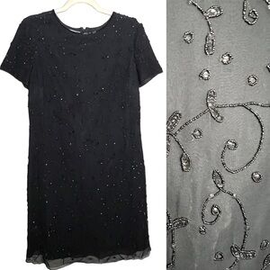 Talbots Vintage Silk Beaded Shift Dress Fully Lined Black Size 10